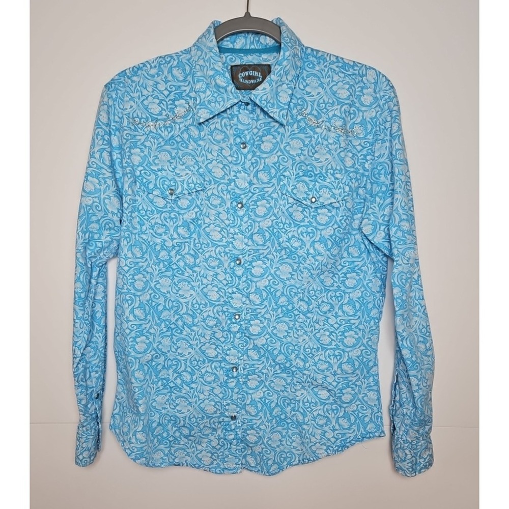 Cowgirl Hardware Womens Blue Floral Pearl Snap Western Shirt Bling Size Large